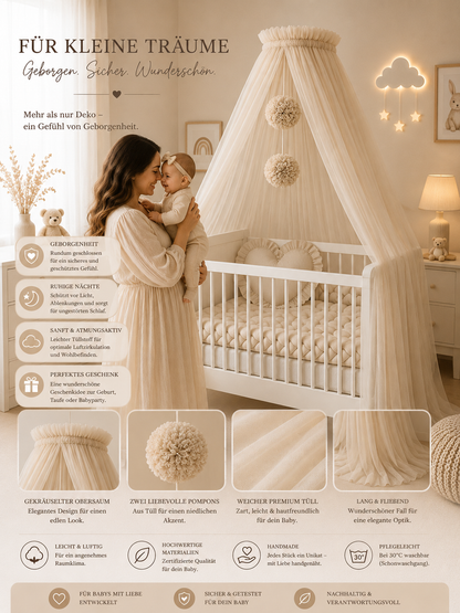 Beige bed canopy with pompoms