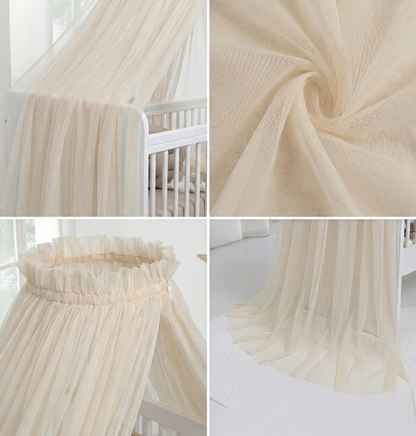 Light beige bed canopy with bobbles