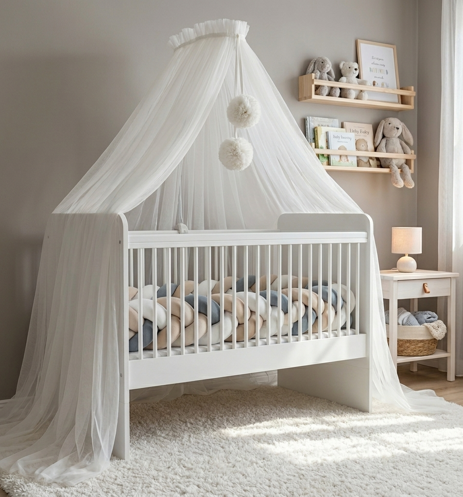 Bed canopy ecru/ white with pompoms