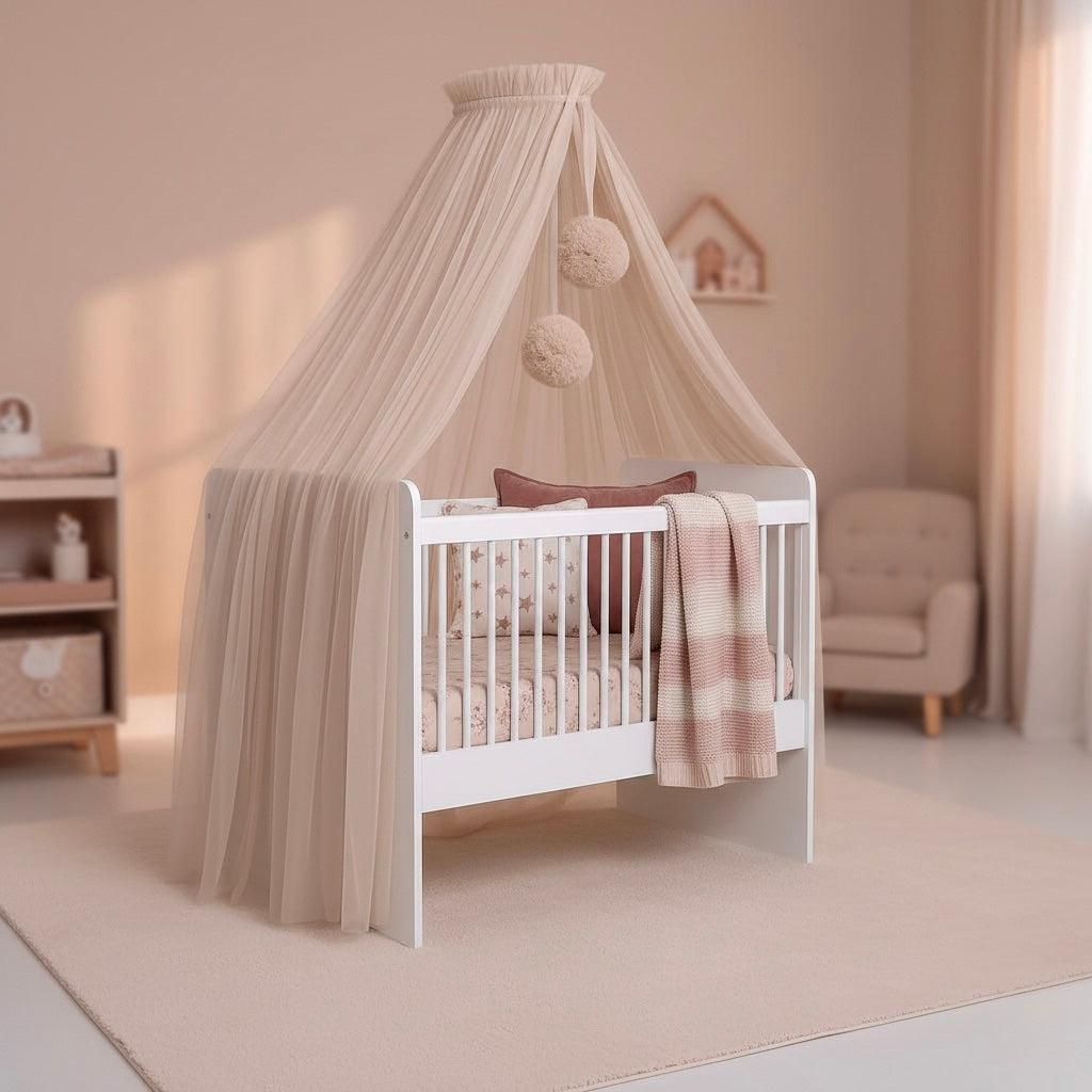 Betthimmel puder mit Bommeln ( beige mit einem leichten Rosastich)