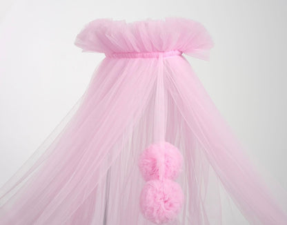 Standard tulle bed canopy with pink pompoms 