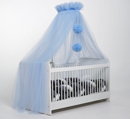 Standard tulle bed canopy with blue bobbles