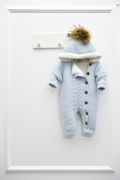 Baby Strick Gr. 68-74 Overall mit Bommelkapuze blau