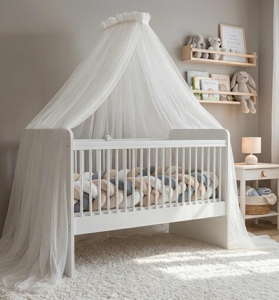 Bed canopy ecru/ white with pompoms