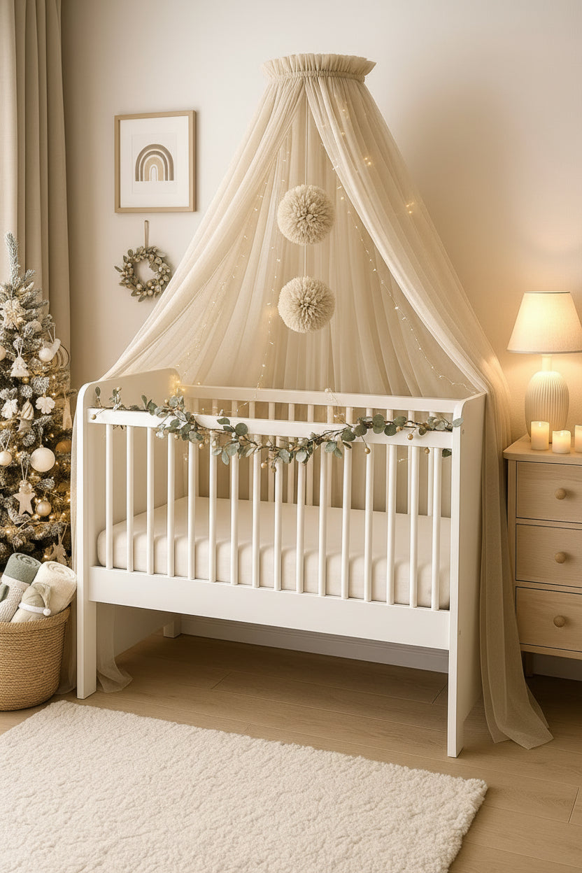 Betthimmel beige mit Bommeln