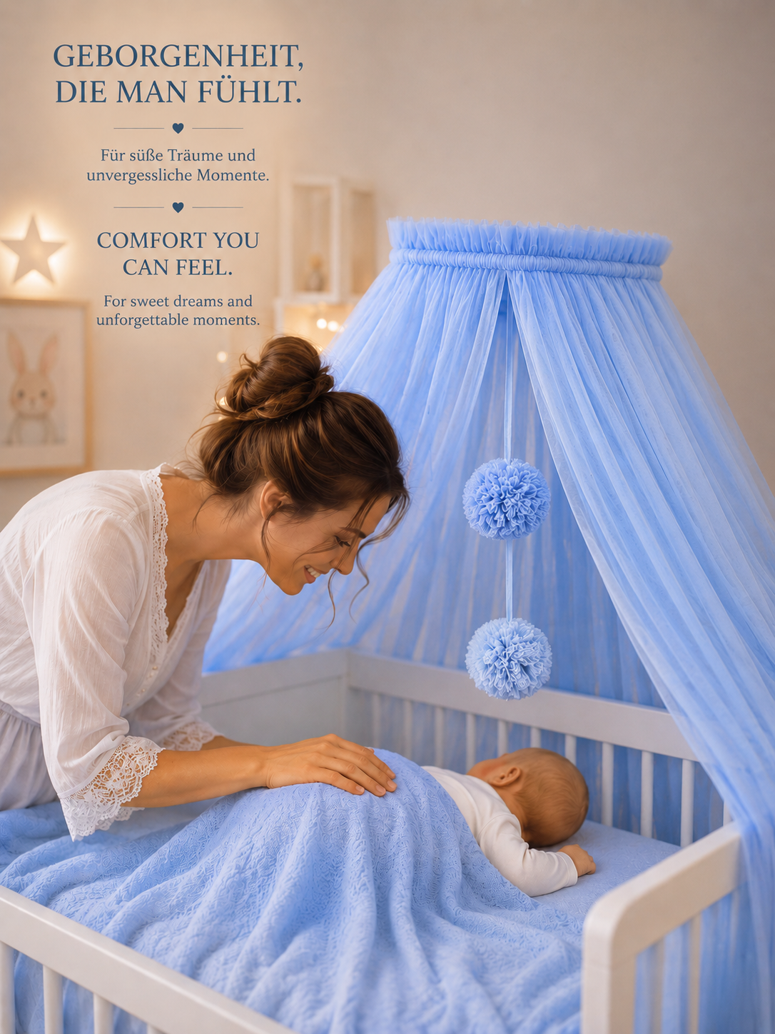 blue bed canopy with pompoms