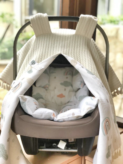 Baby Car Seat Set 2-layer, Cream Rainbow with Fringes