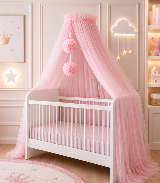 pink bed canopy with pompoms