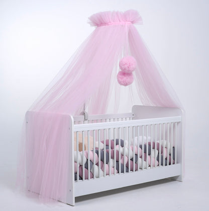 Standard tulle bed canopy with pink pompoms 