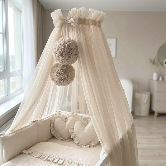 Premium Betthimmel beige optional mit Bommeln