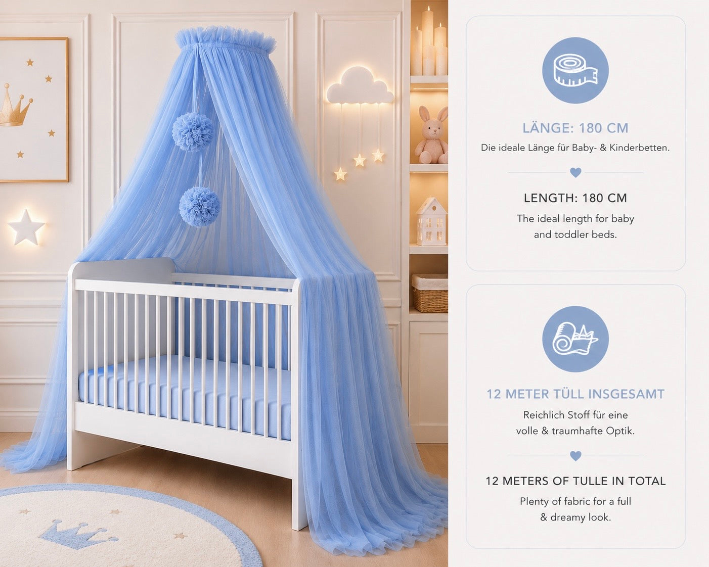 blue bed canopy with pompoms