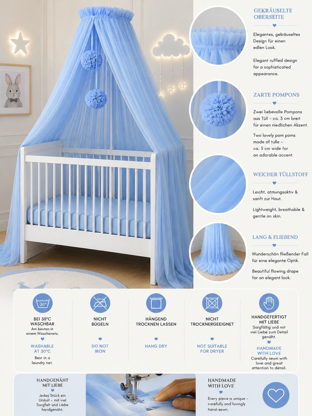 blue bed canopy with pompoms