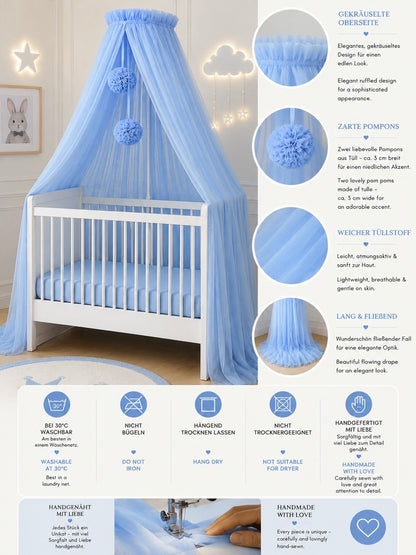 blue bed canopy with pompoms