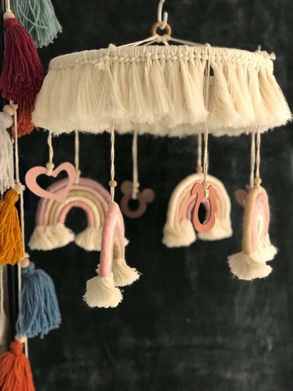 Macrame baby mobile old pink rainbow
