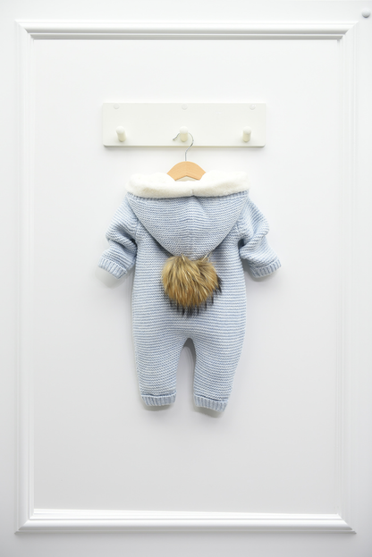 Baby Strick Gr. 68-74 Overall mit Bommelkapuze blau