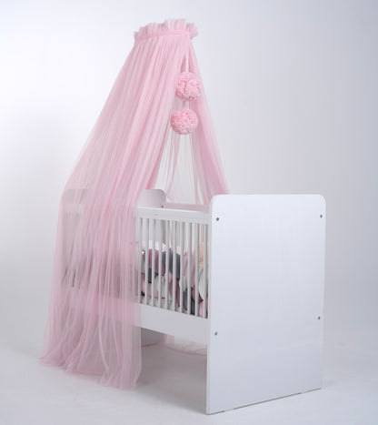 pink bed canopy with pompoms