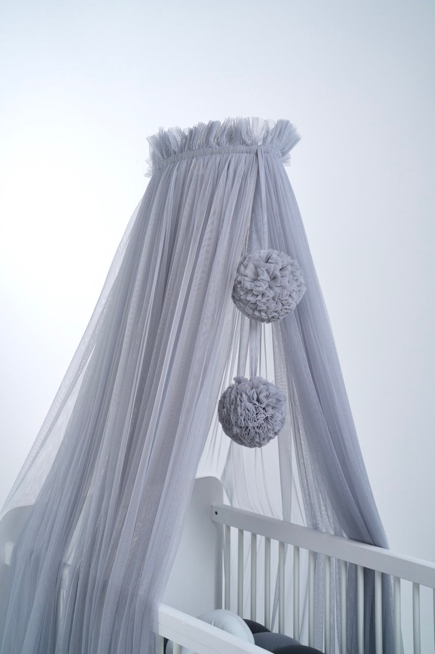 Bed canopy gray with pompoms