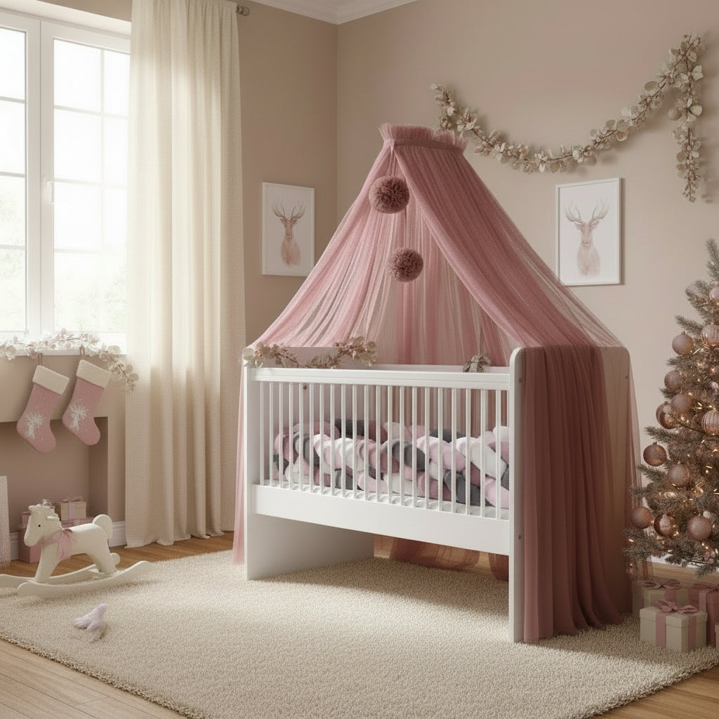 Bed canopy old pink with pompoms