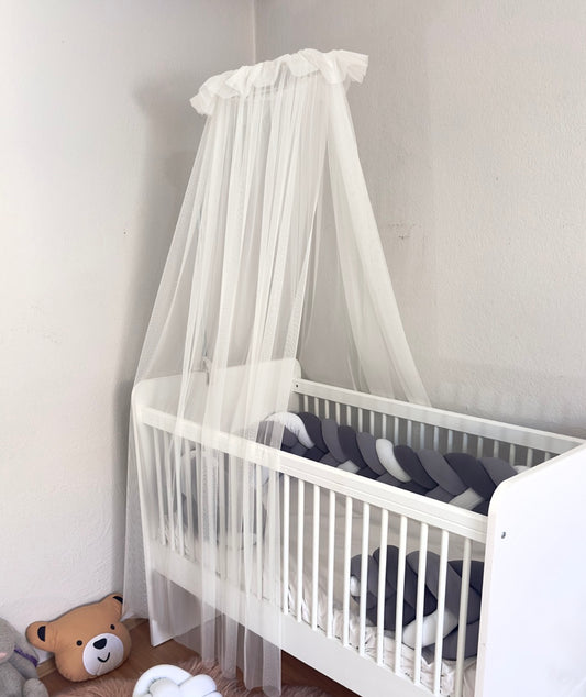Baby Fancyroom Betthimmel für Babybett 300x180 cm – feiner Tüll, handgefertigt, eleganter Volant, ecru