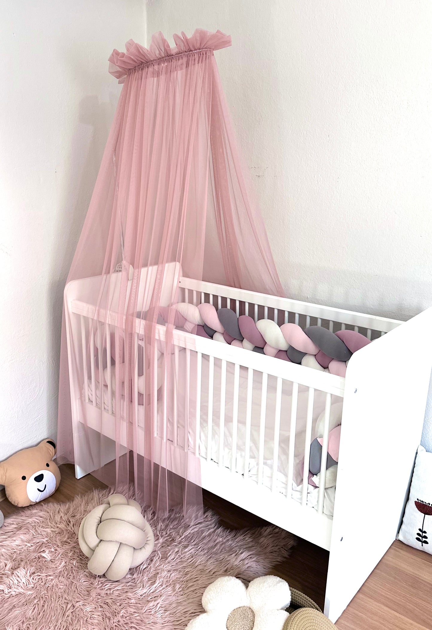 Baby Fancyroom Betthimmel für Babybett 300x180 cm – feiner Tüll, handgefertigt, eleganter Volant, Altrosa