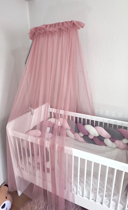 Baby Fancyroom Betthimmel für Babybett 300x180 cm – feiner Tüll, handgefertigt, eleganter Volant, Altrosa
