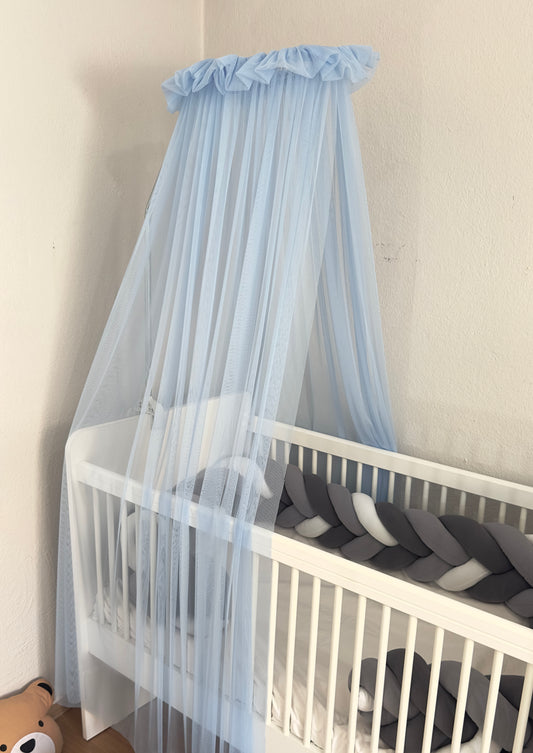 Baby Fancyroom Betthimmel für Babybett 300x180 cm – feiner Tüll, handgefertigt, eleganter Volant, Blau