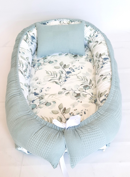2-tlg. Set Babynestchen petrolblau Eukalyptus + Sommerdecke