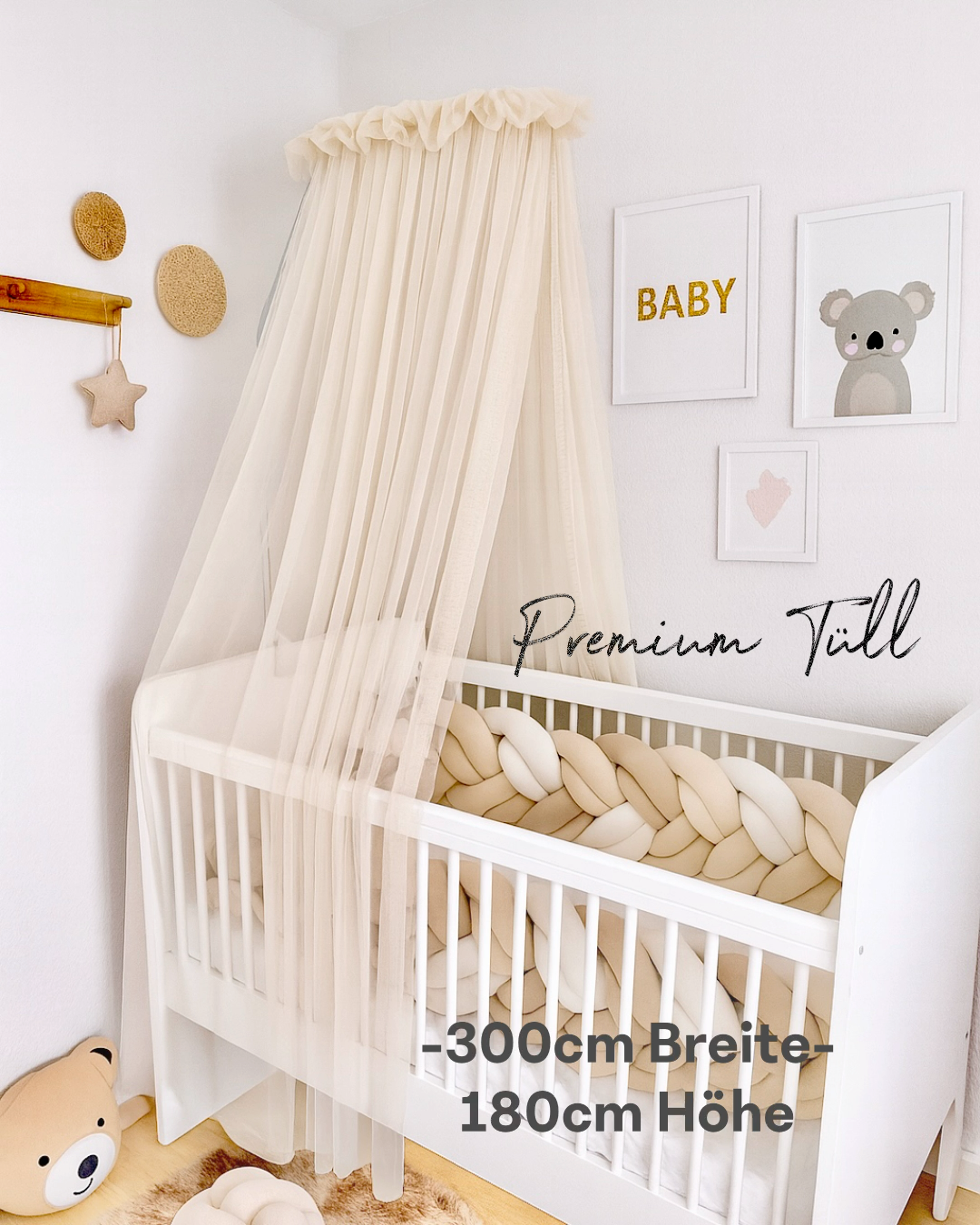 Baby Fancyroom canopy for baby bed 300x180 cm – fine tulle, handmade, elegant flounce, beige 